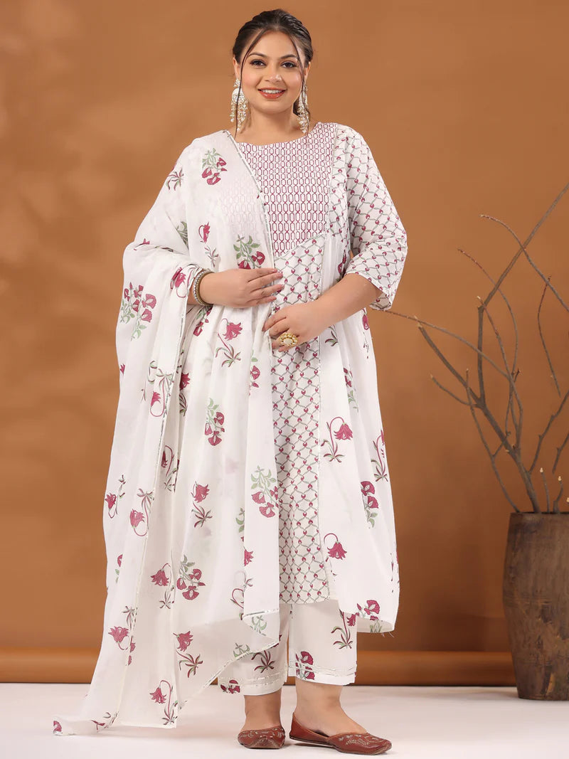 Plus Size White & Magenta Ethnic Printed Flared Kurta With Pants & Dupatta