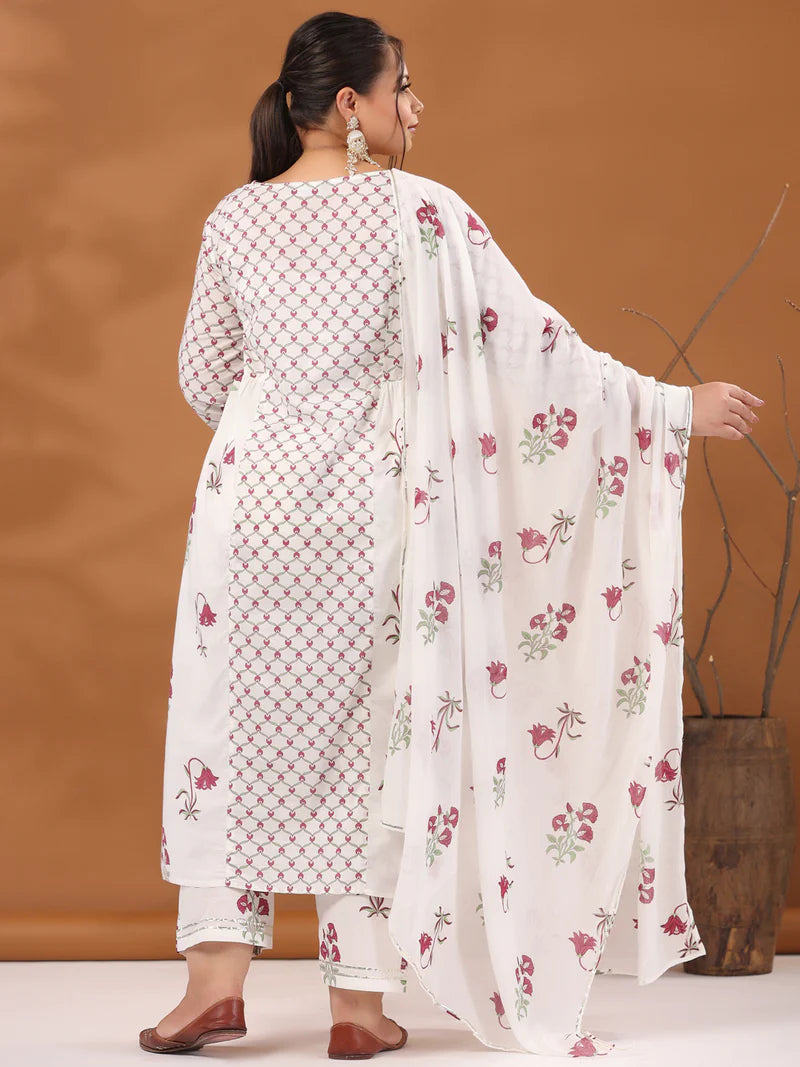 Plus Size White & Magenta Ethnic Printed Flared Kurta With Pants & Dupatta