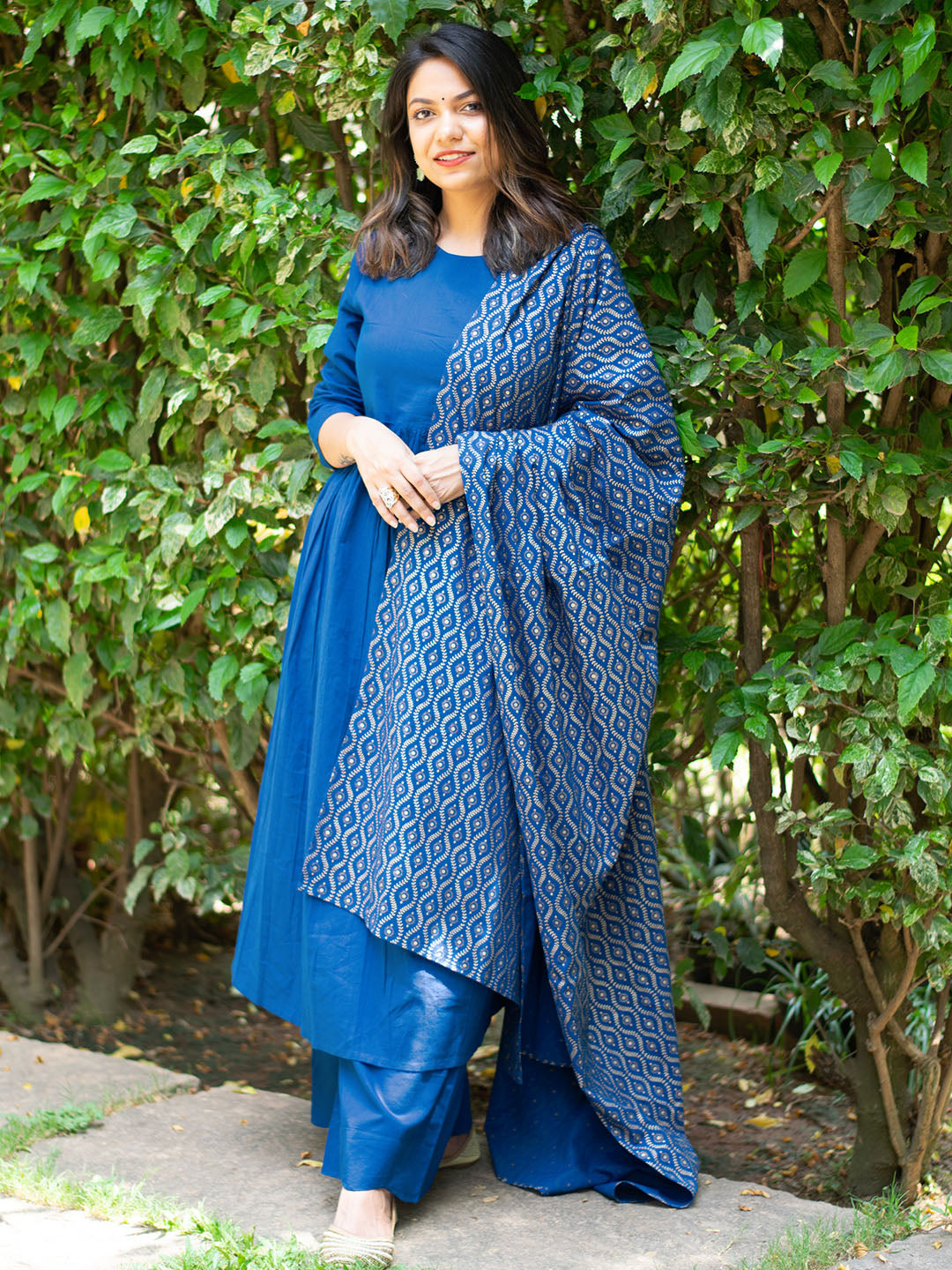 Blue Cotton Solid Kurta with Palazzo and Dupatta