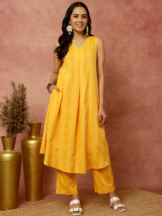 Yellow Sleeveless A-line Kurta With Pants Co-ord Set