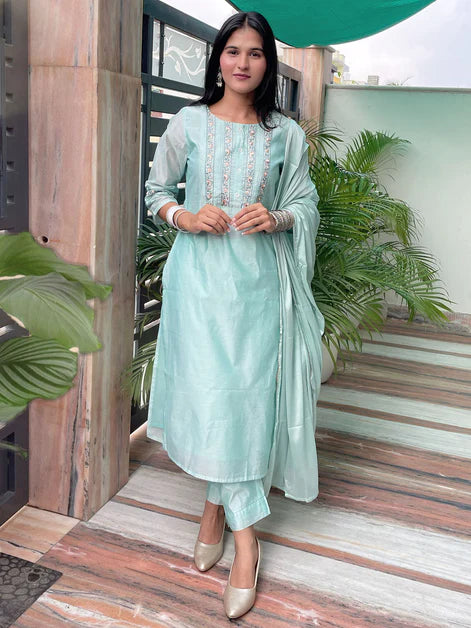 Chanderi Silk Solid Kurta with Pant & Dupatta - Sea Blue