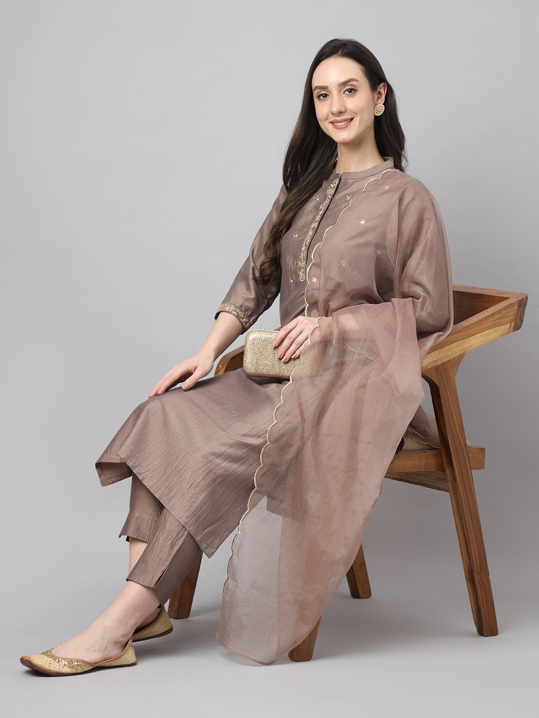 Brown - Chinon Kurta with pant and dupatta