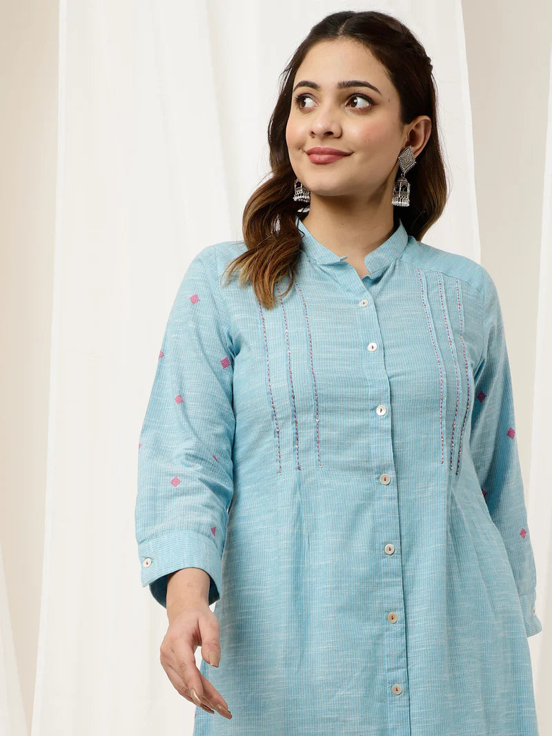 Blue Self-Weave A-line Kurta