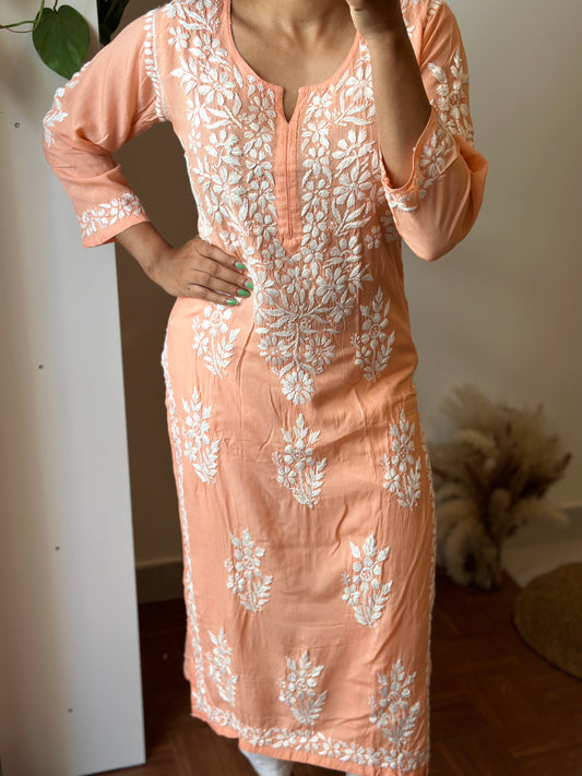 Chikankari Modal Kurta - Pink orange