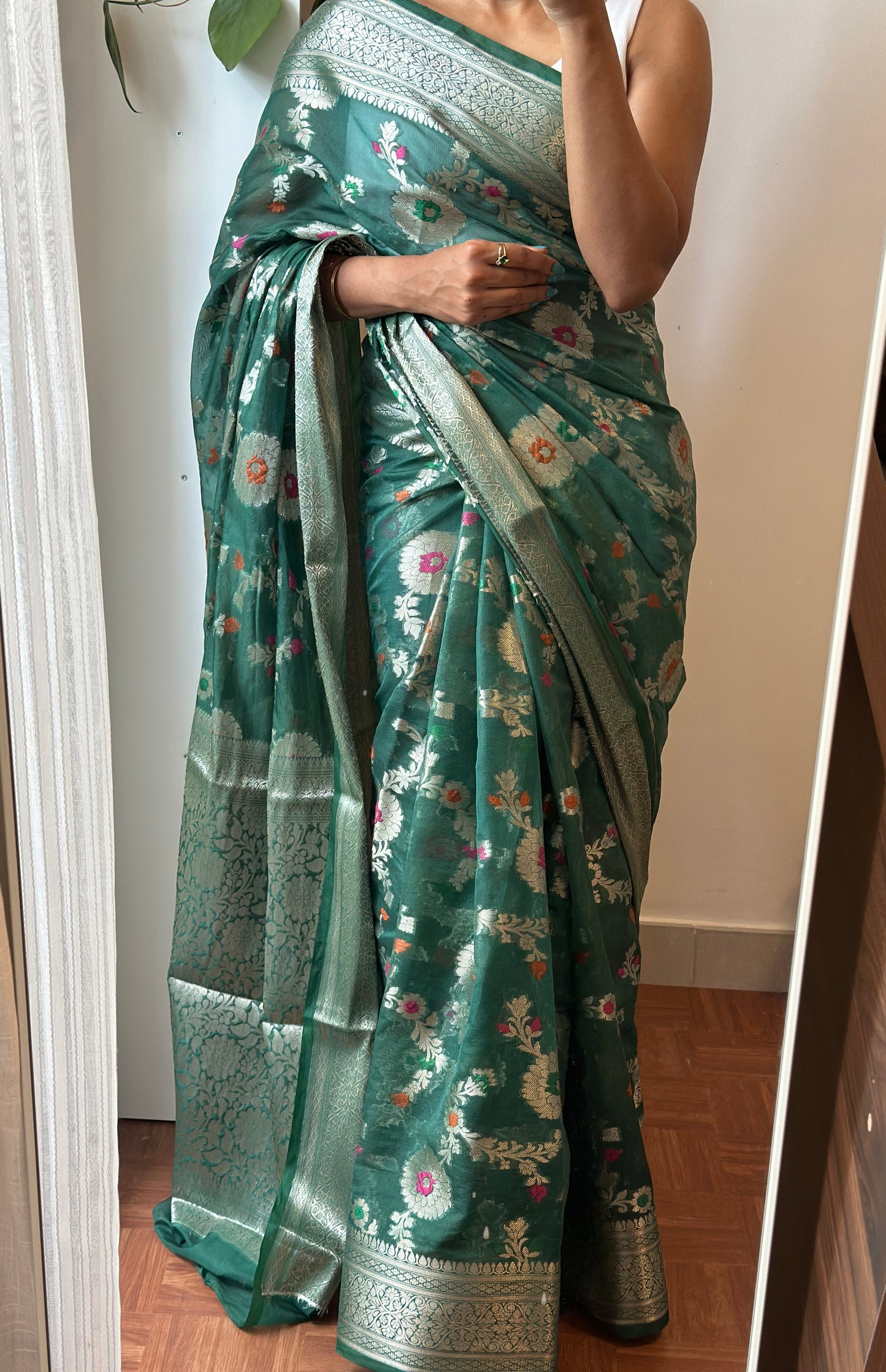 Green semi banarasi saree