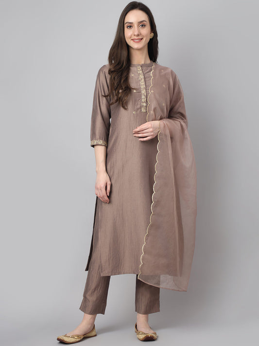 Brown - Chinon Kurta with pant and dupatta