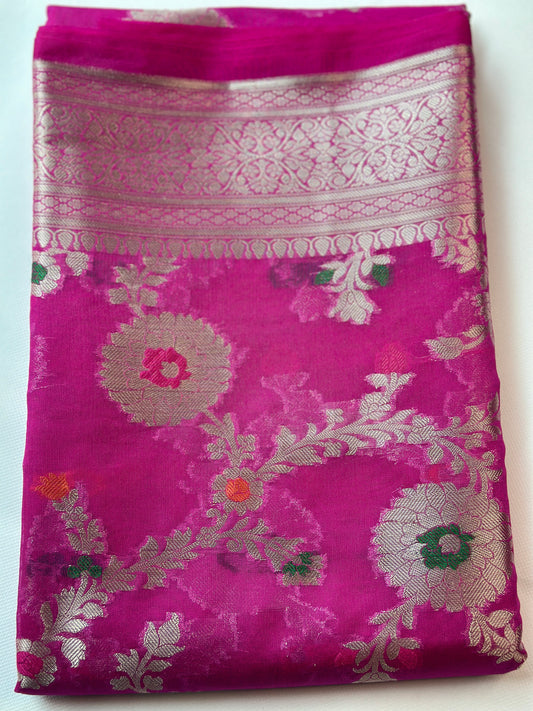 Semi Banarasi Saree - Rani Pink