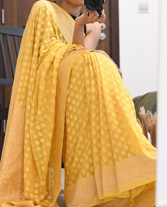 Pure Banarasi Khaddi Georgette Yellow Saree