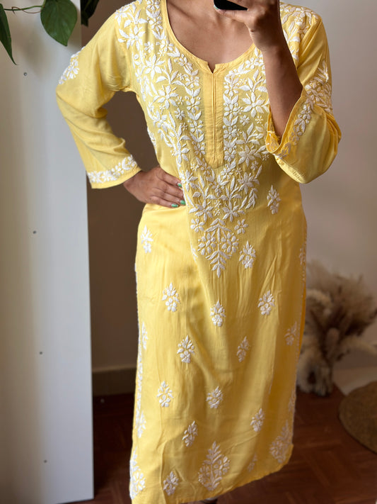 Modal Chikankari Kurta - Yellow