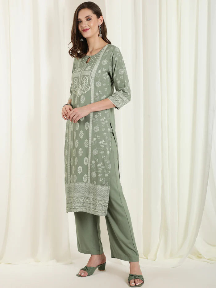 Olive Green Placement Printed Straight Kurta With Solid Palazzo And Chinon Dupatta