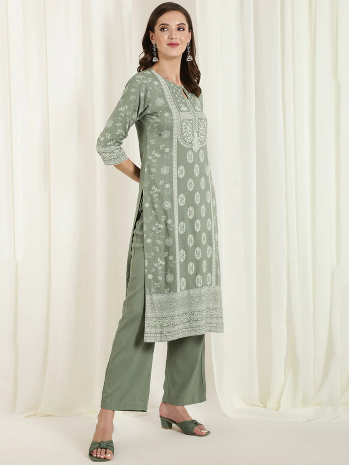 Olive Green Placement Printed Straight Kurta With Solid Palazzo And Chinon Dupatta