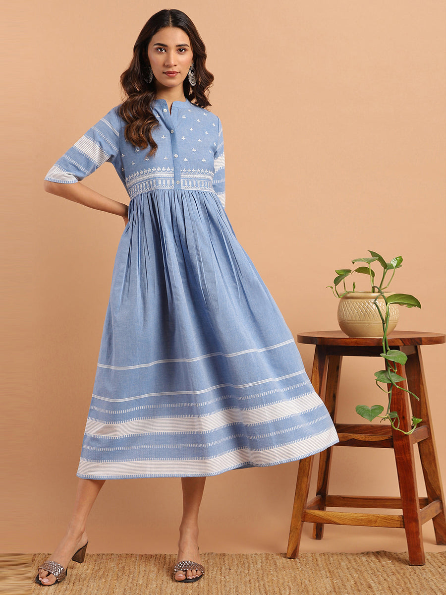 Blue Cotton Floral Flared Western Dress