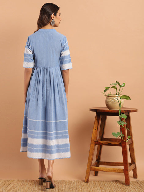 Blue Cotton Floral Flared Western Dress