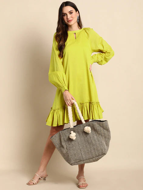 Cotton Solid Drop Waist Dress - Yellow