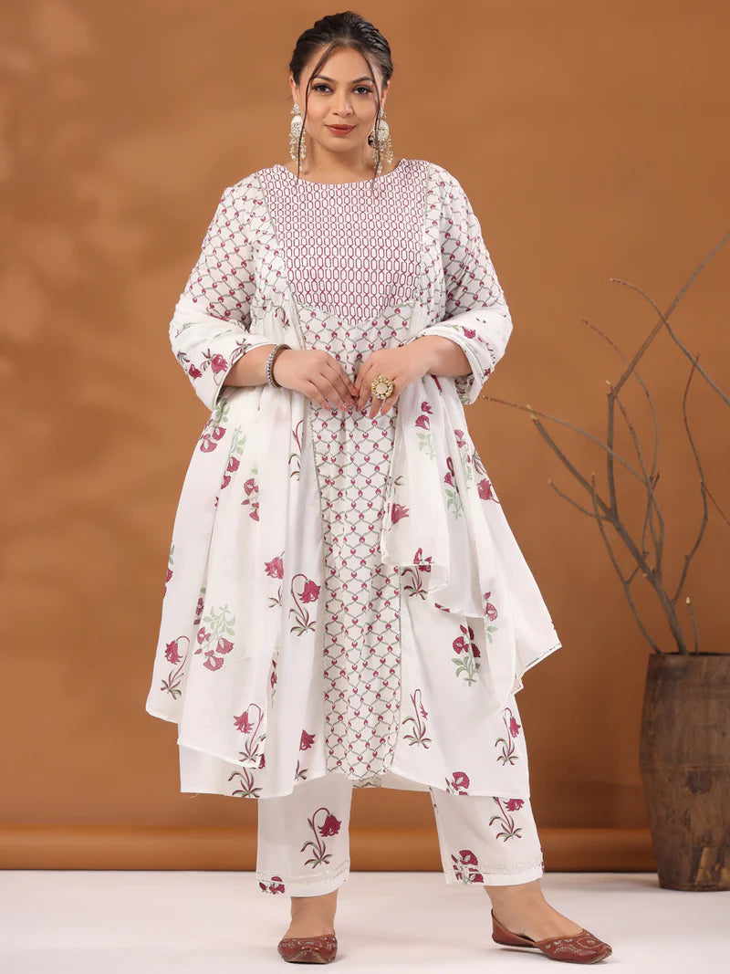 Plus Size White & Magenta Ethnic Printed Flared Kurta With Pants & Dupatta