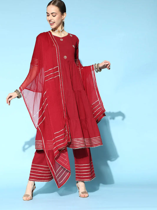 Maroon Embroired Kurta With Palazzo And Dupatta