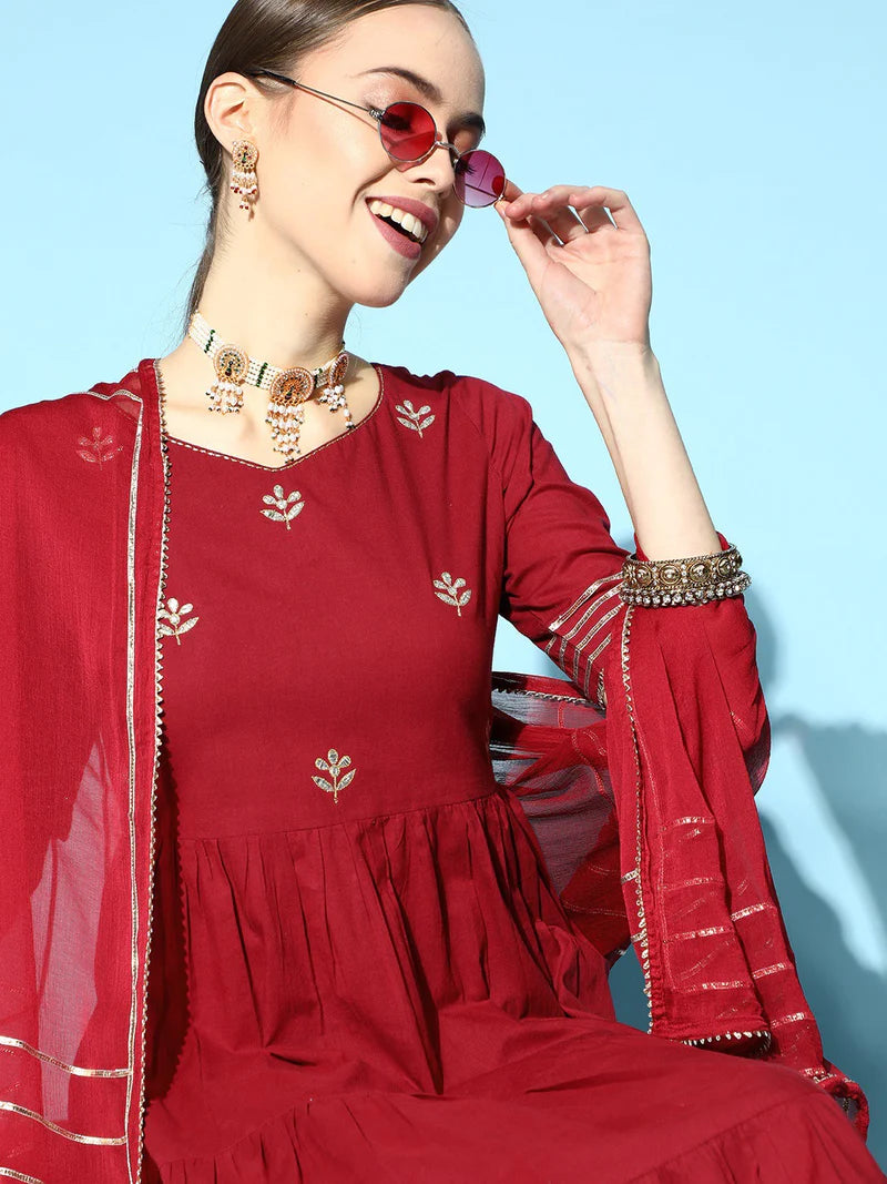 Maroon Embroired Kurta With Palazzo And Dupatta