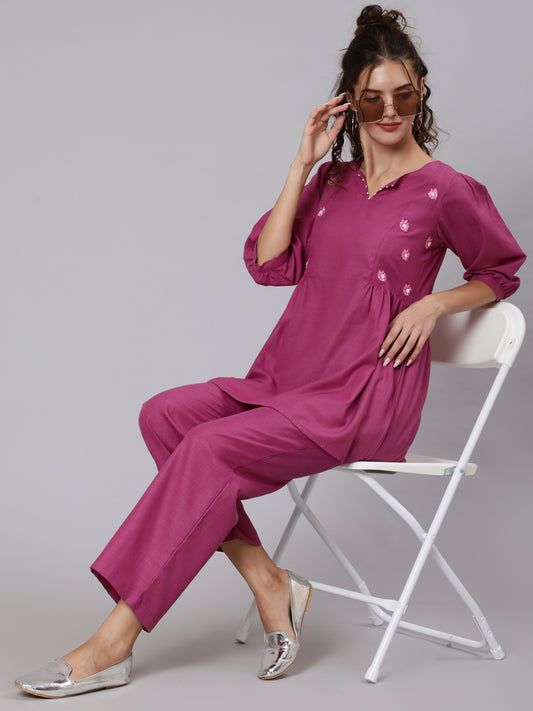 Magenta Viscose Rayon Embroidered Co-Ords Set Has Top And Palazzo