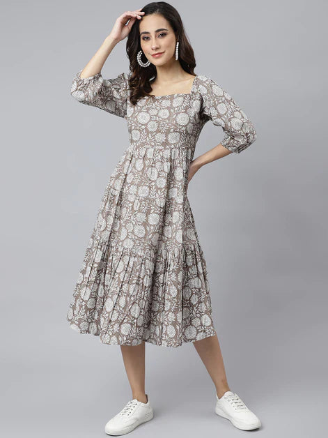 Cotton Floral Print Flared Western Dress - Grey