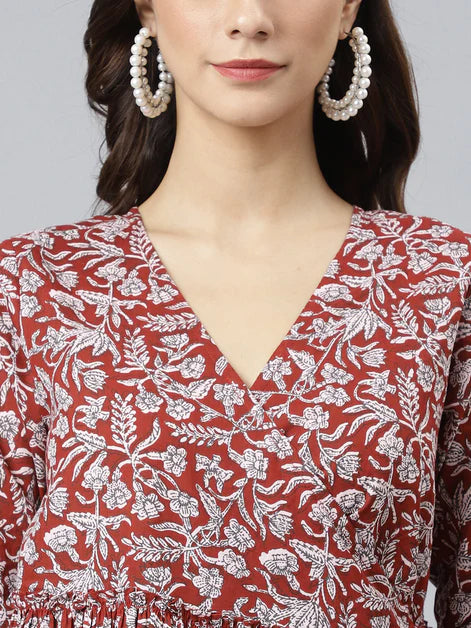 Cotton Floral Print Angrakha dress - Maroon