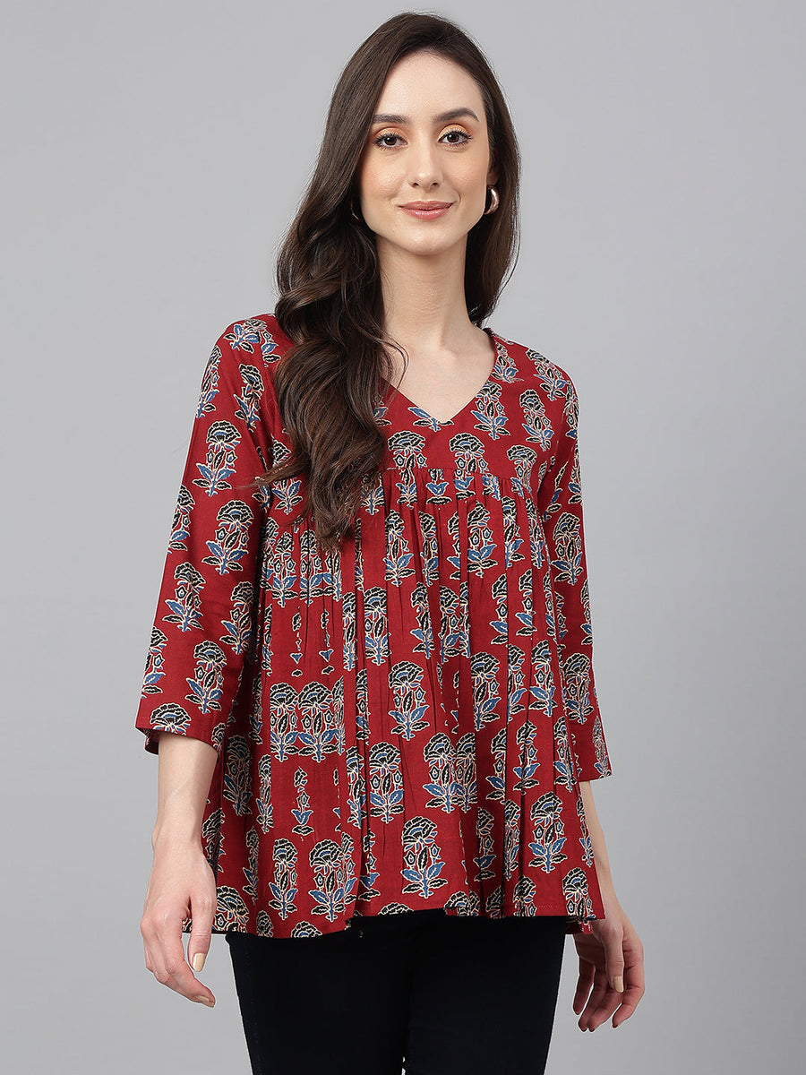 Maroon Cotton Floral Block Print Flared Top