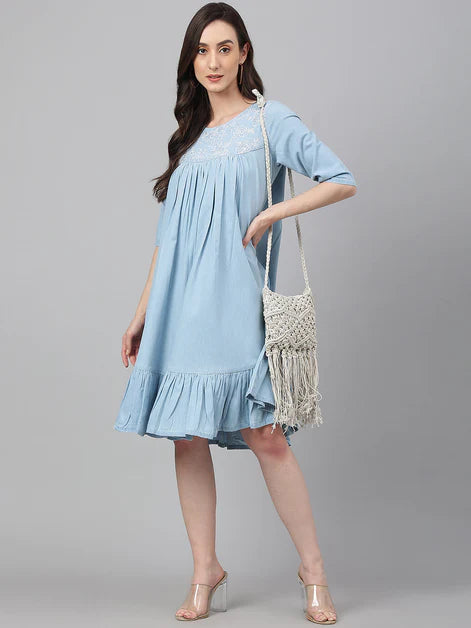 Denim solid flared western dress - Light Blue