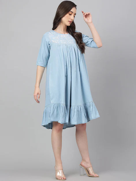 Denim solid flared western dress - Light Blue