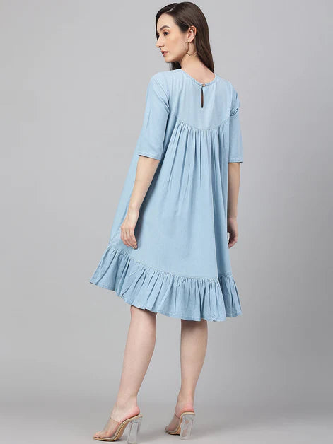 Denim solid flared western dress - Light Blue