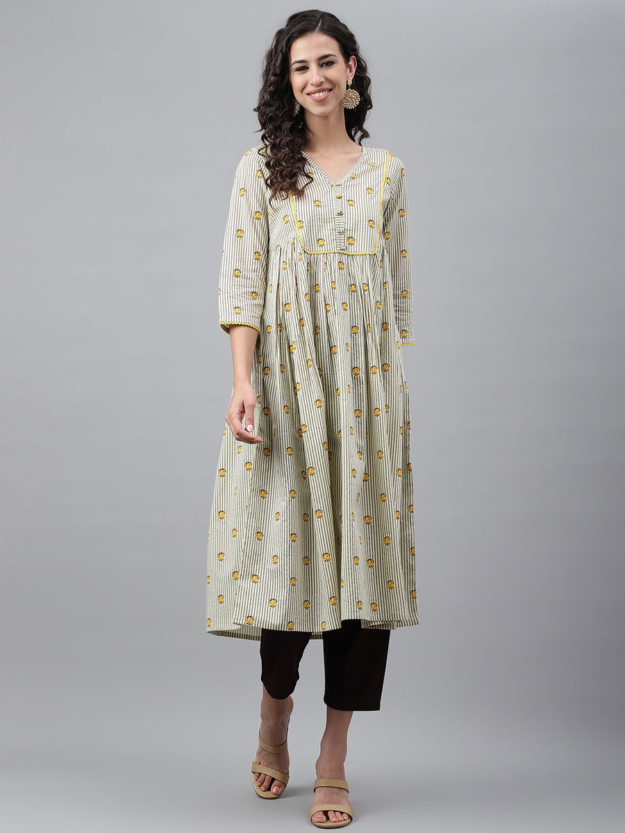 Light Yellow Cotton Floral Printed Flared Kurta