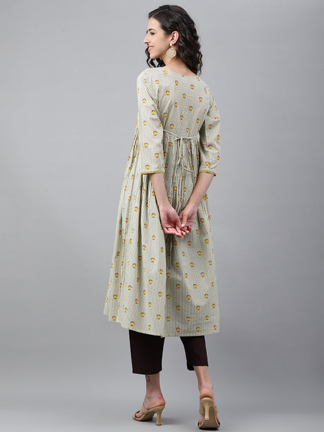 Light Yellow Cotton Floral Printed Flared Kurta