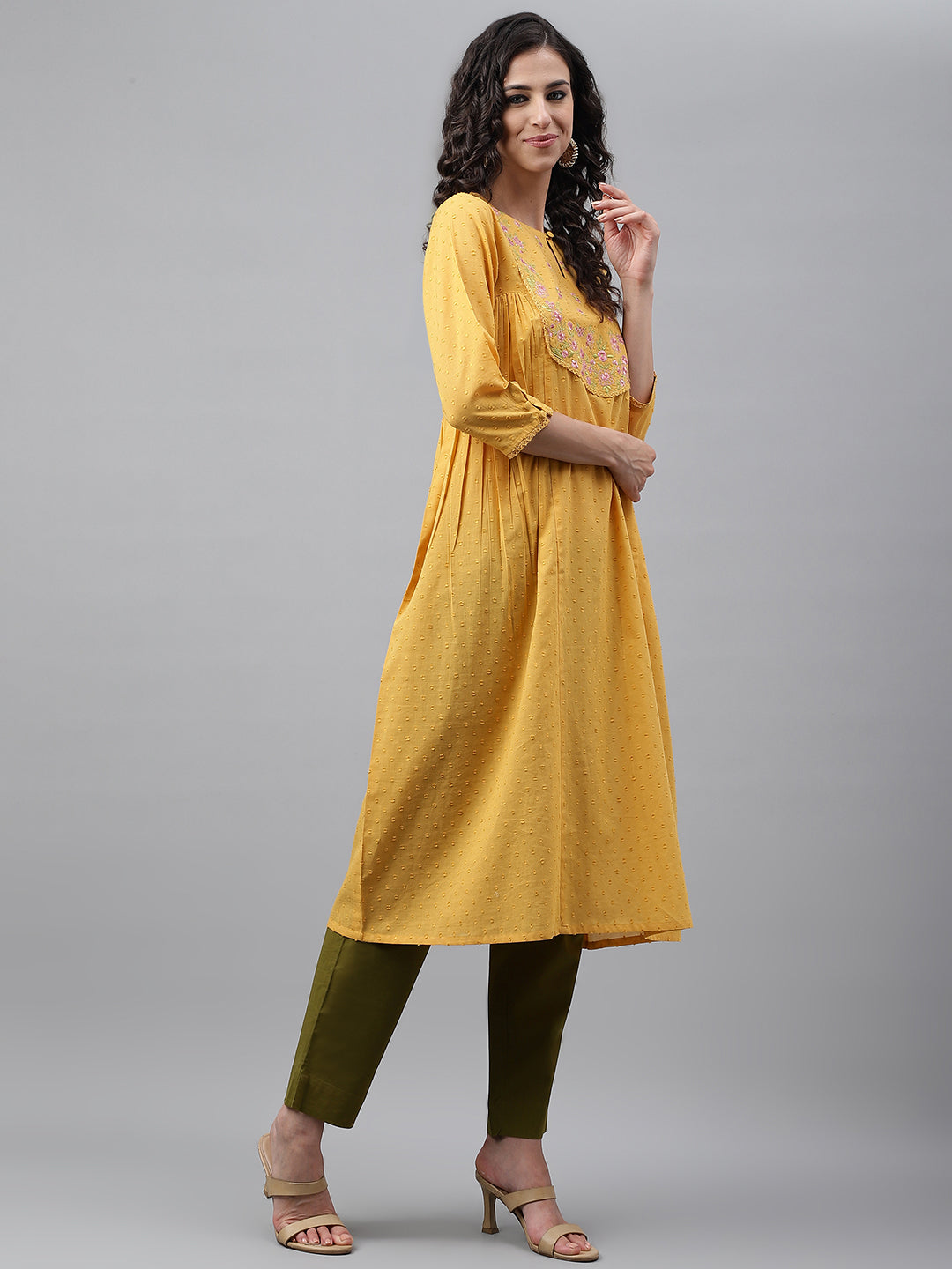 Yellow Dobby Cotton Solid A-Line Kurta