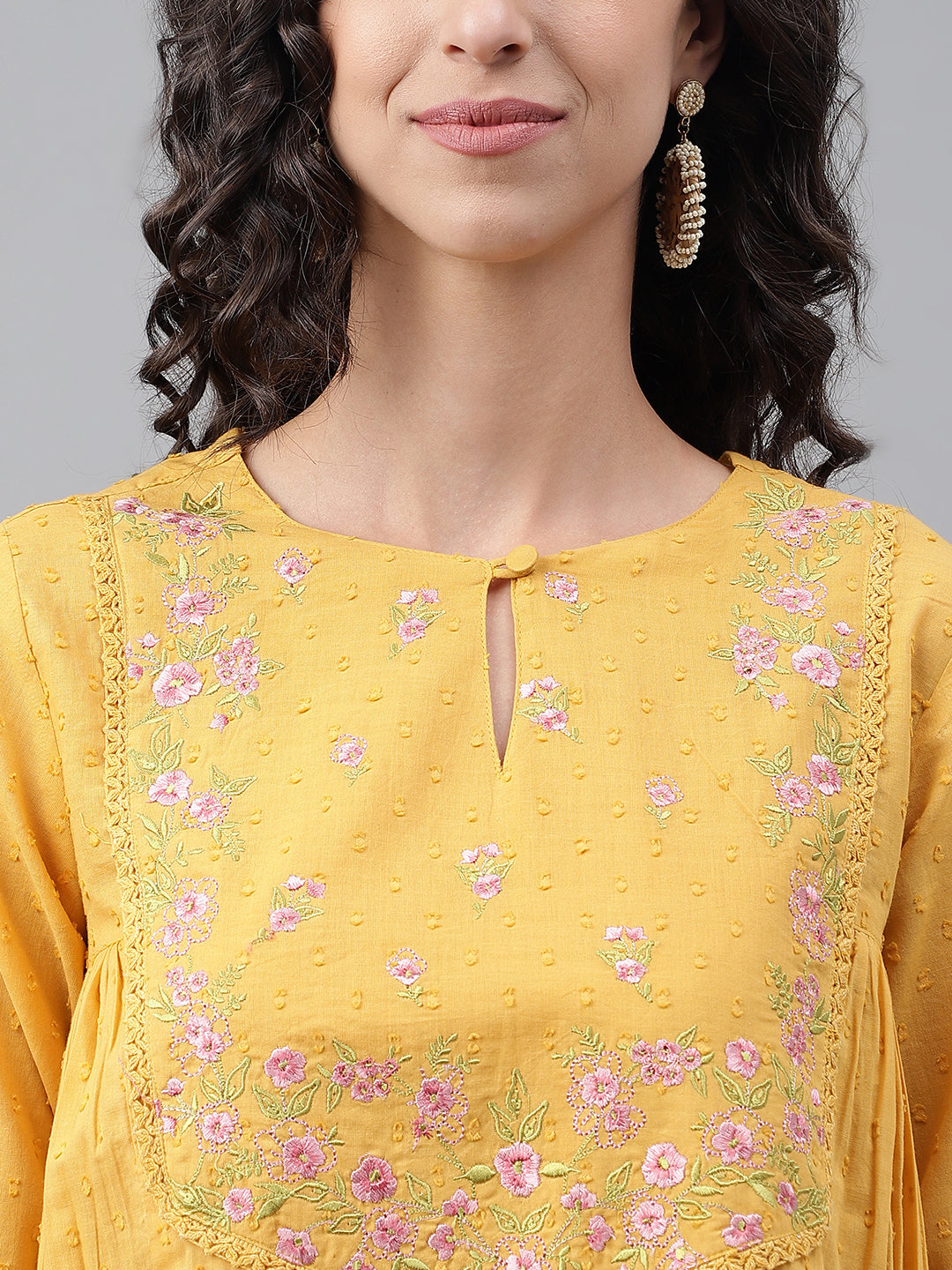 Yellow Dobby Cotton Solid A-Line Kurta