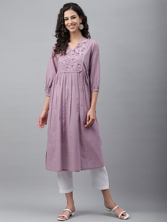 Lavender Dobby Cotton Solid Gathered Kurta