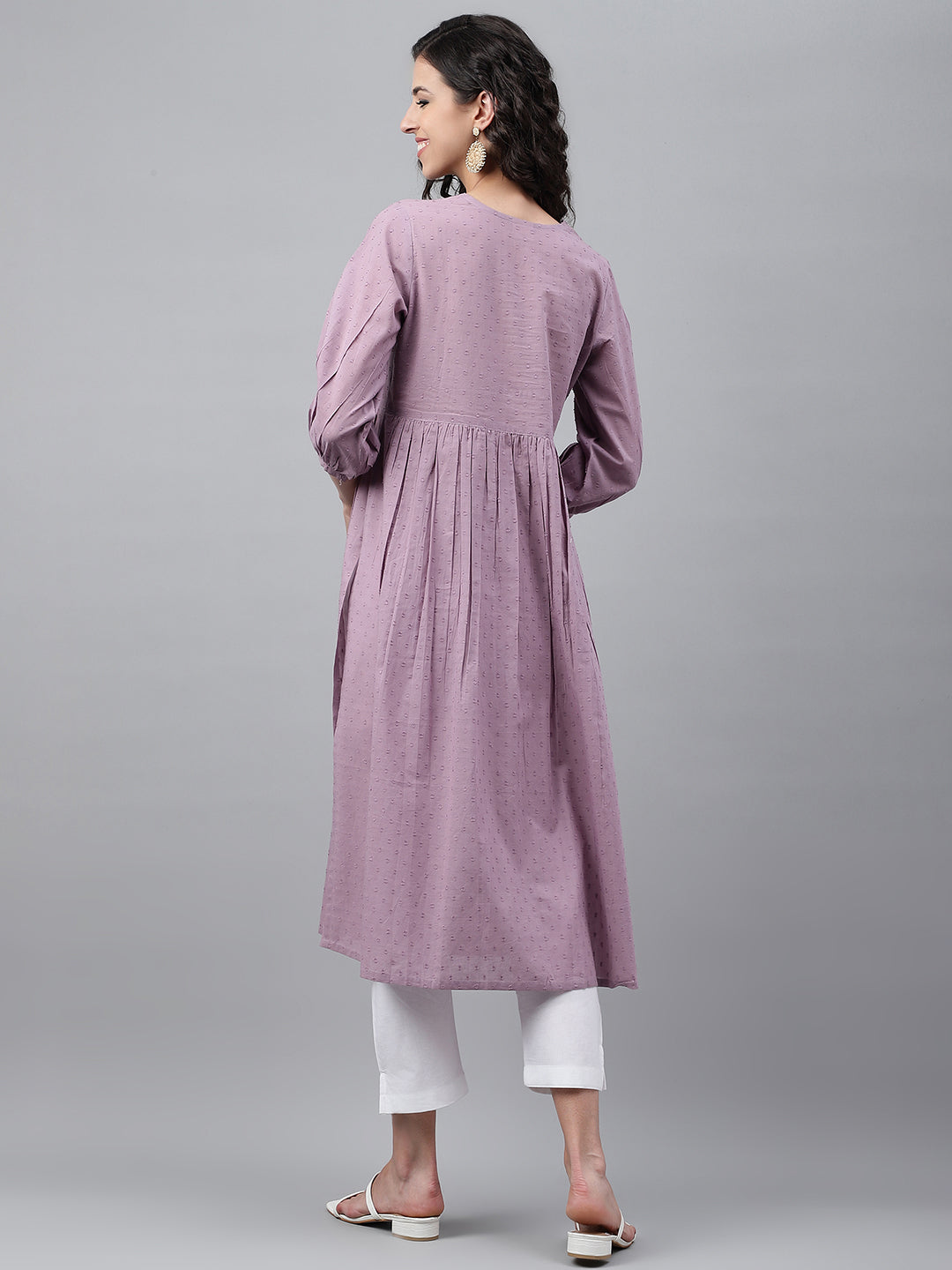 Lavender Dobby Cotton Solid Gathered Kurta