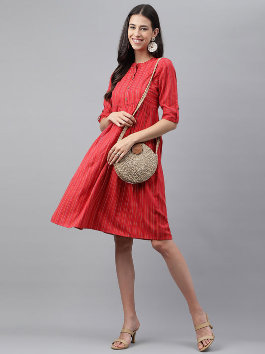 Red Cotton Woven Design Flared Dress