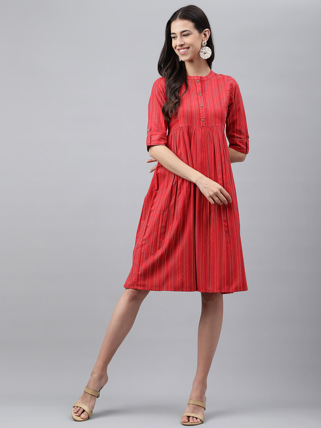 Red Cotton Woven Design Flared Dress