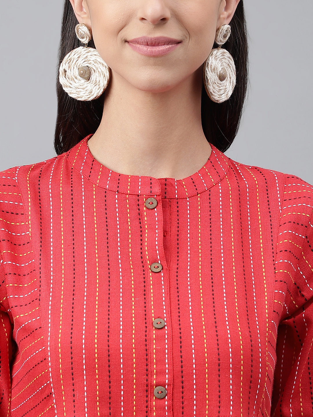 Red Cotton Woven Design Flared Dress