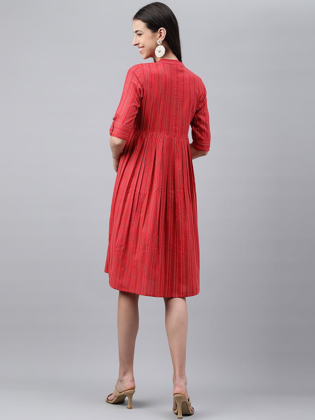 Red Cotton Woven Design Flared Dress