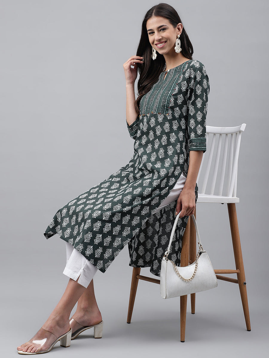 Dark Green Cotton Ethnic Motifs Straight Kurta