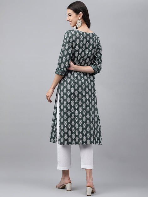 Dark Green Cotton Ethnic Motifs Straight Kurta