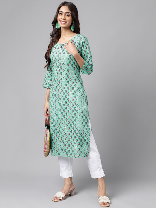 Light Blue Cotton Ethnic Motifs Straight Kurta