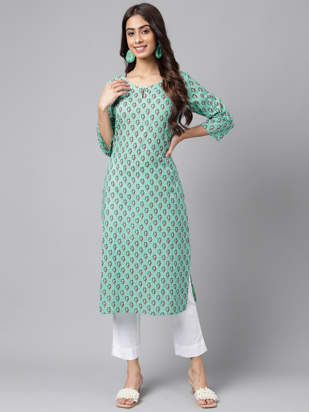 Light Blue Cotton Ethnic Motifs Straight Kurta