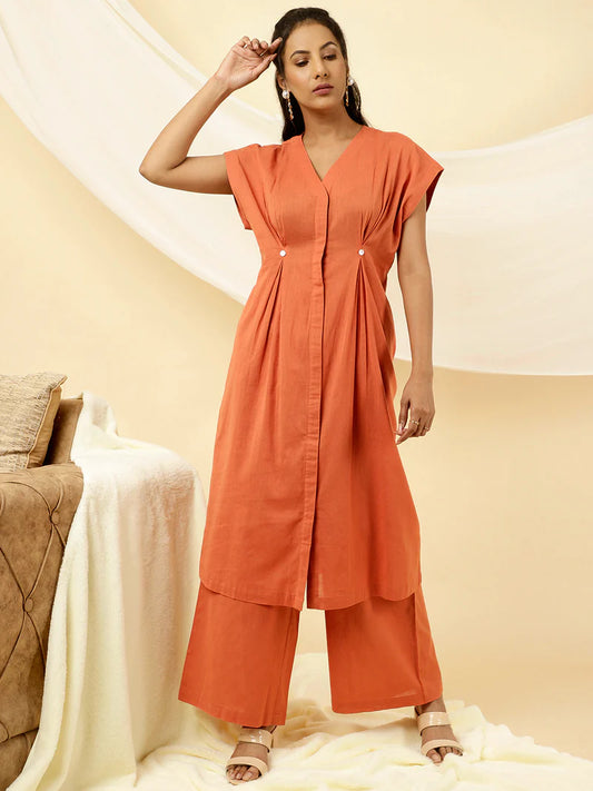 Orange Pleated Kurta With Palazzo Co-ord Set