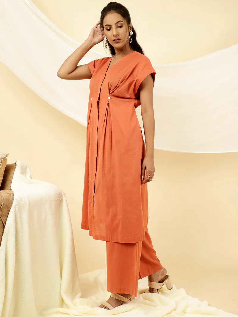 Orange Pleated Kurta With Palazzo Co-ord Set