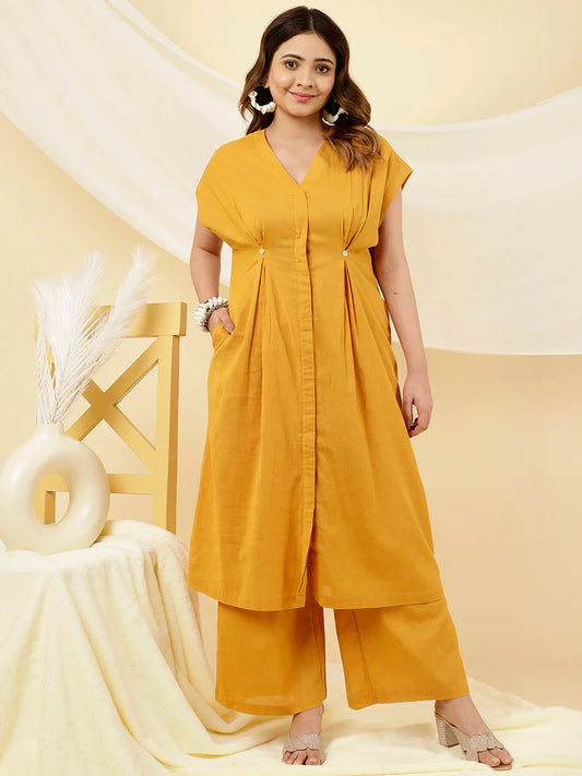 Mustard Pleated Kurta With Palazzo Co-ord Set