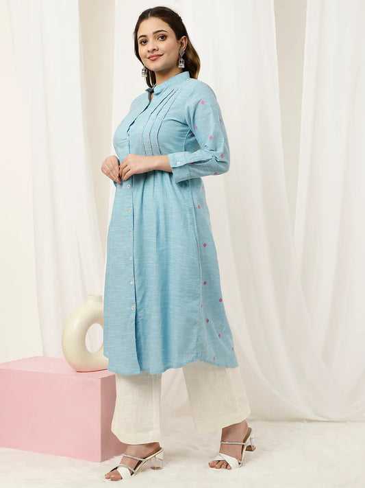 Blue Self-Weave A-line Kurta