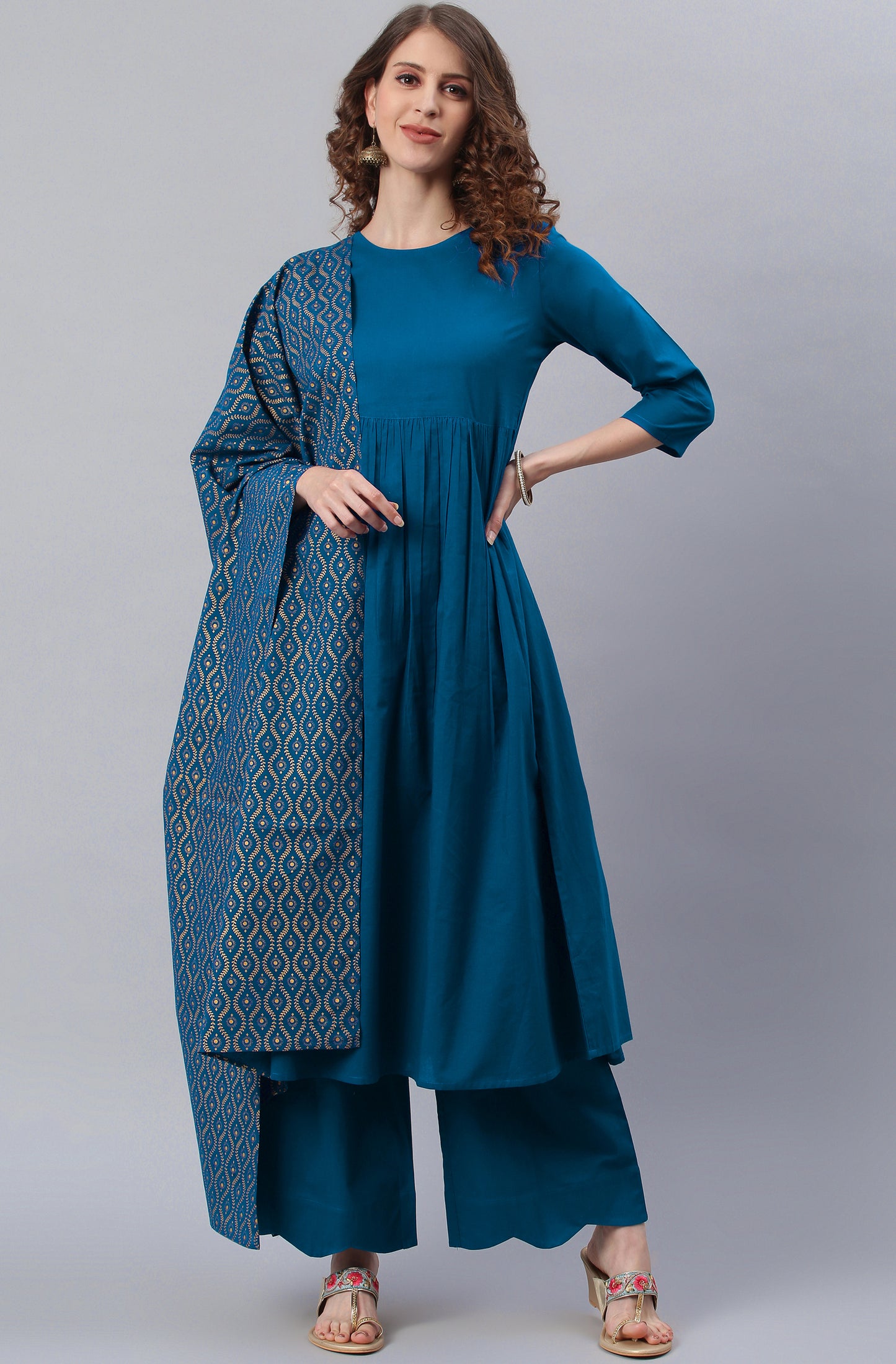 Blue Cotton Solid Kurta with Palazzo and Dupatta