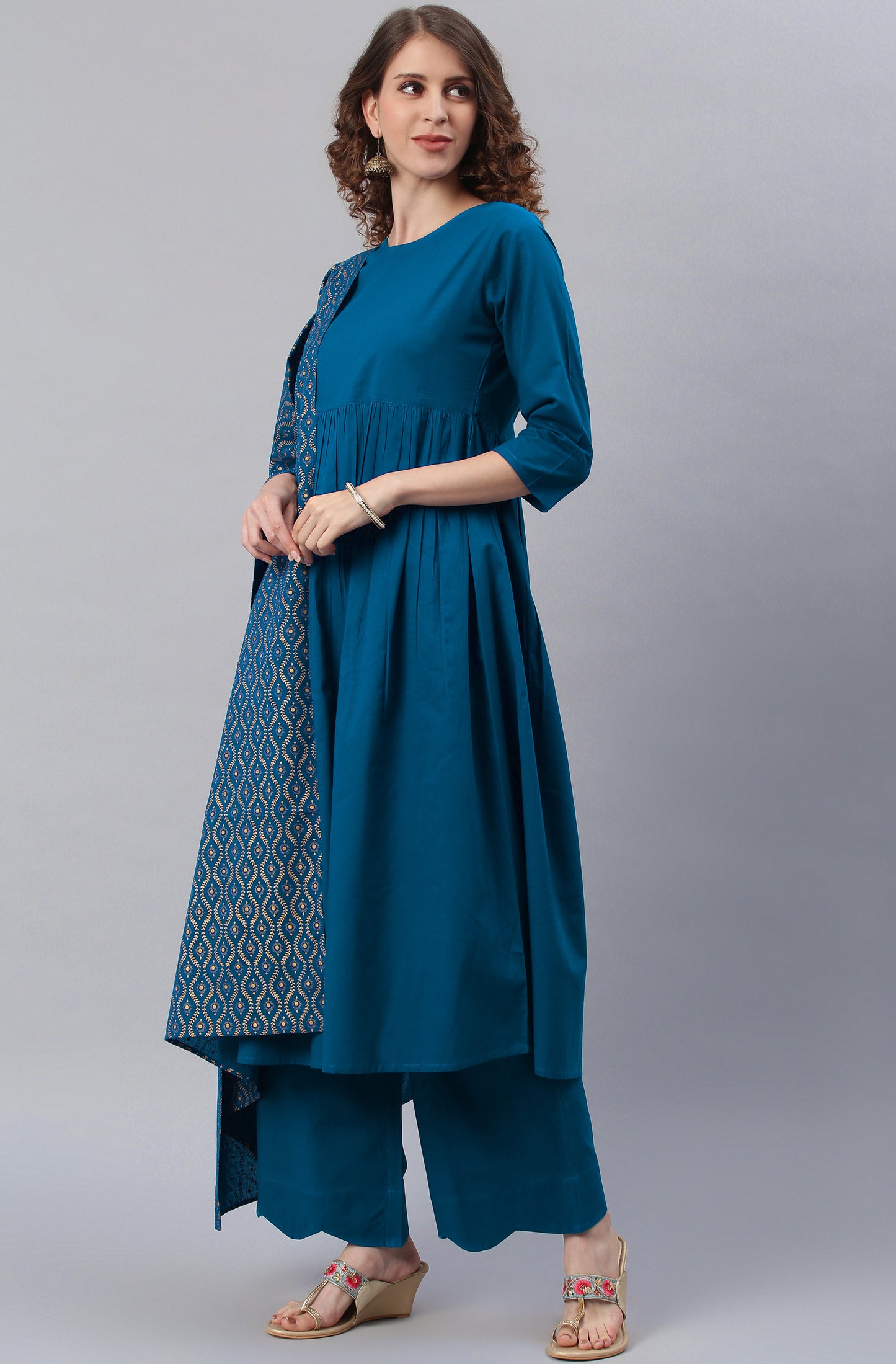 Blue Cotton Solid Kurta with Palazzo and Dupatta