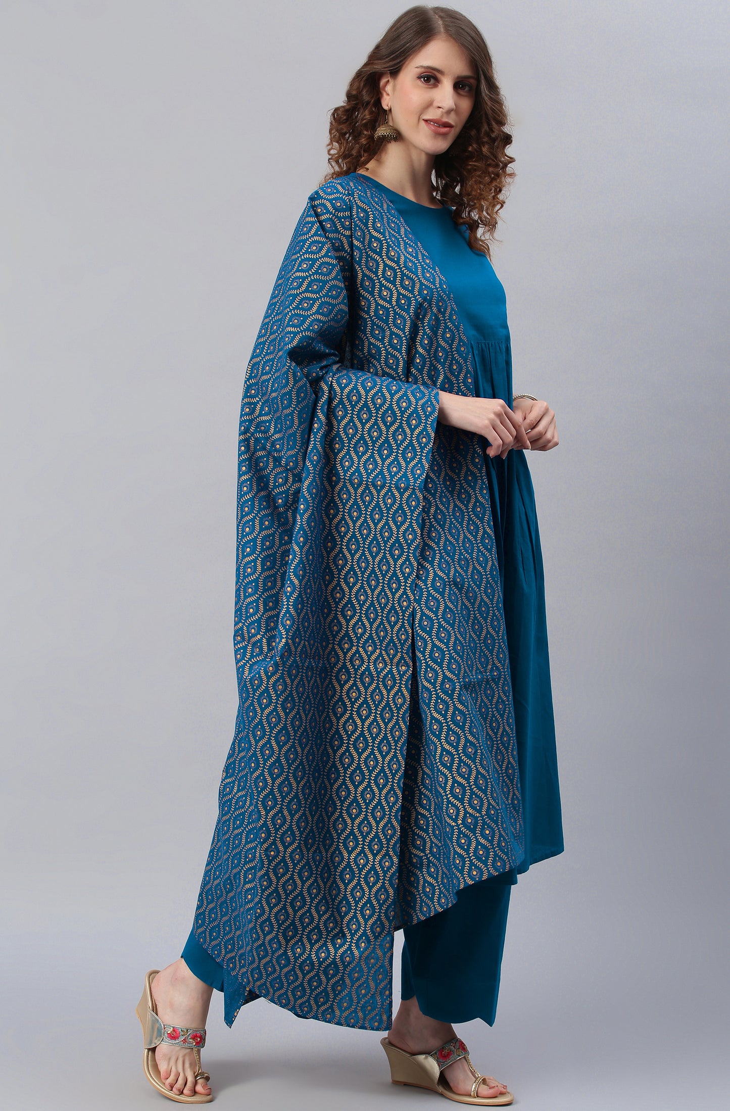 Blue Cotton Solid Kurta with Palazzo and Dupatta