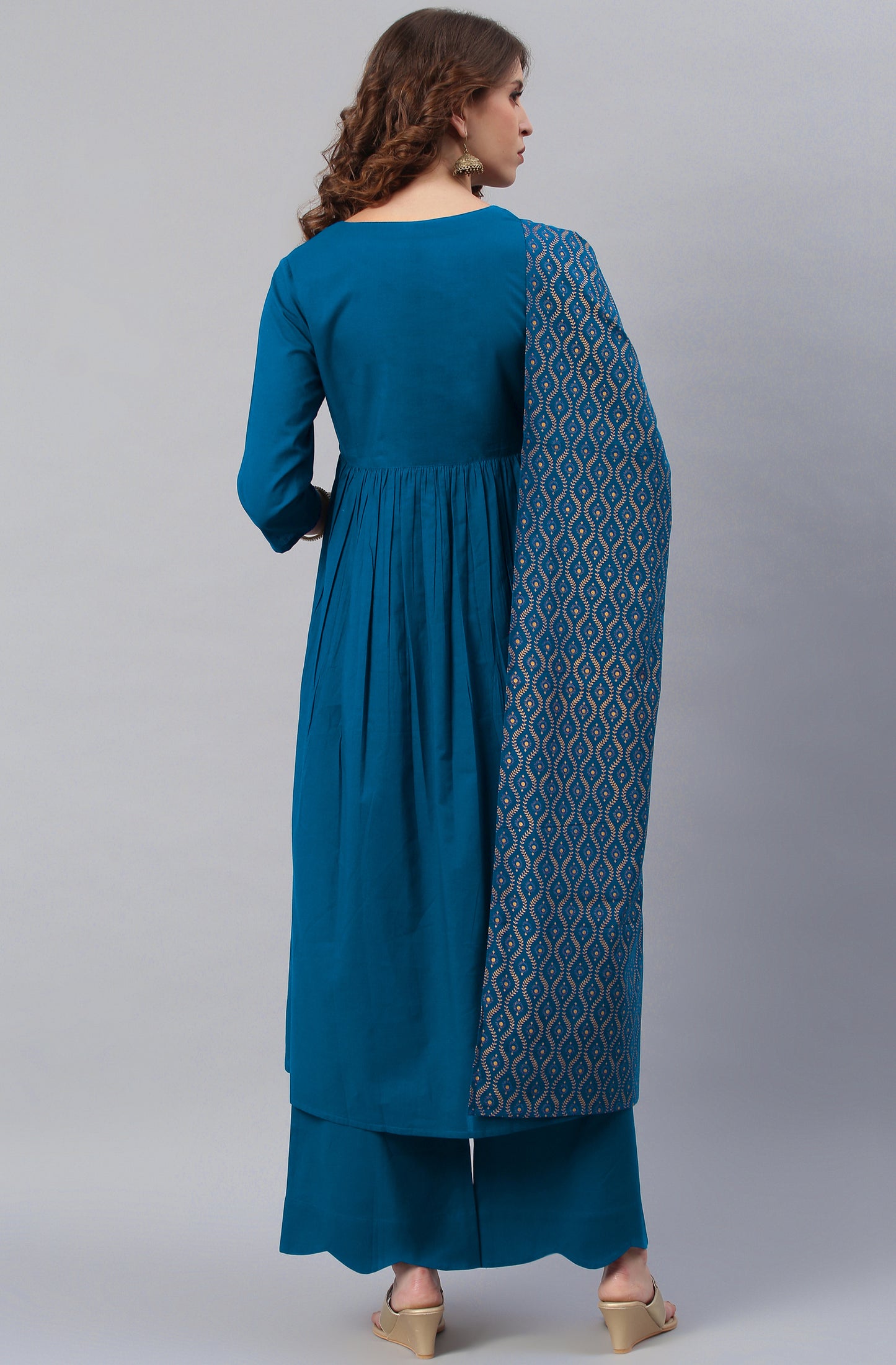 Blue Cotton Solid Kurta with Palazzo and Dupatta